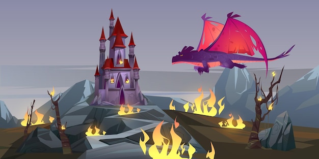 Free vector dragon breathing fire attacks castle