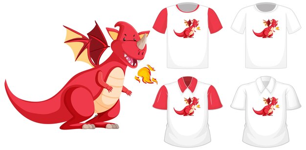 Dragon cartoon character on different white shirt with red short sleeves