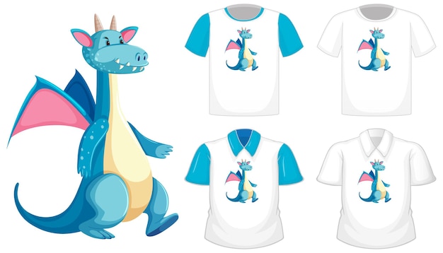 Dragon cartoon character logo on different white shirt with blue short sleeves isolated on white background