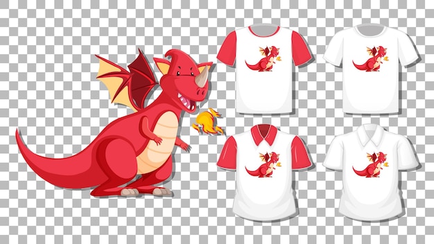 Free vector dragon cartoon character with set of different shirts isolated