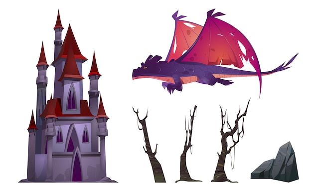 Дракон, замок, деревья и рок мультяшный набор, изолированные на белом