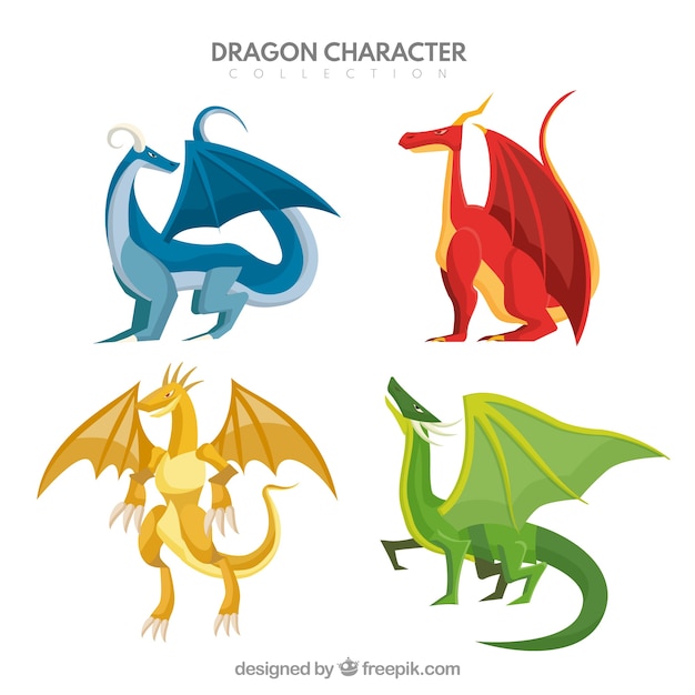 Коллекция персонажей дракона с плоским дизайном