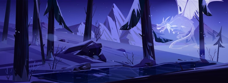 Free Vector dragon ghost in night winter forest with pond