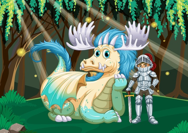 Dragon and knight in enchanted forest background