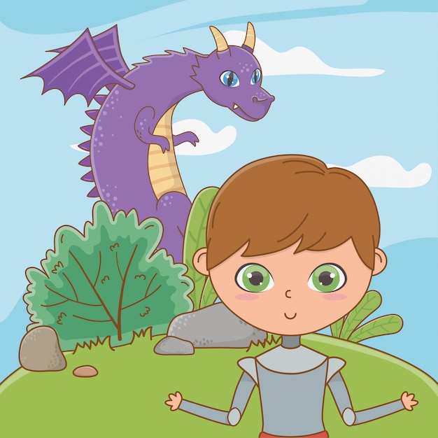 Free vector dragon and knight of fairytale