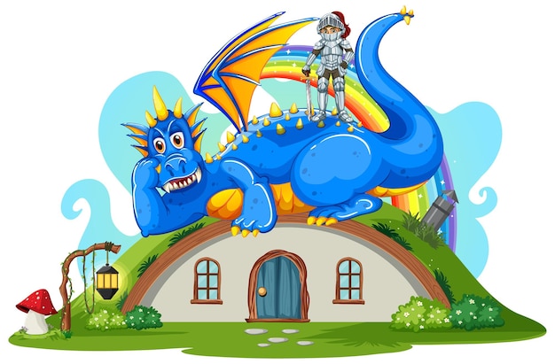 Dragon and knight at hobbit house on white background