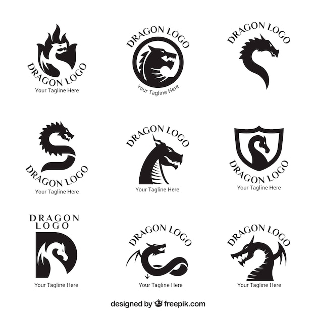 フラットデザインのドラゴンロゴコレクション