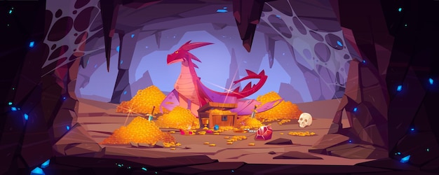 Бесплатное векторное изображение Дракон защищает кучу золота в пещере, фантастический персонаж охраняет сокровища в горной пещере