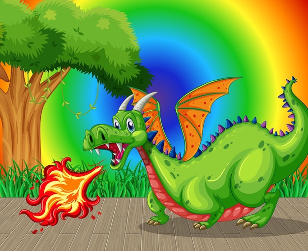 Free vector dragon spitting fire cartoon character on rainbow gradient background