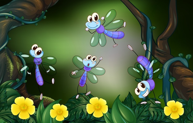 Dragonflies flying in the deep forest