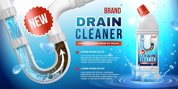 Free vector drain pipe new cleaner ad poster with plastic bottle mockup and sewer pipe with blockage vector illustration