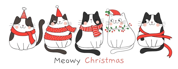 Draw banner adorable cats on white for new year and christmas