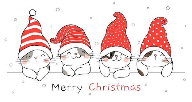 Draw banner funny cats with gnome hat for winter and christmas Premium Vector