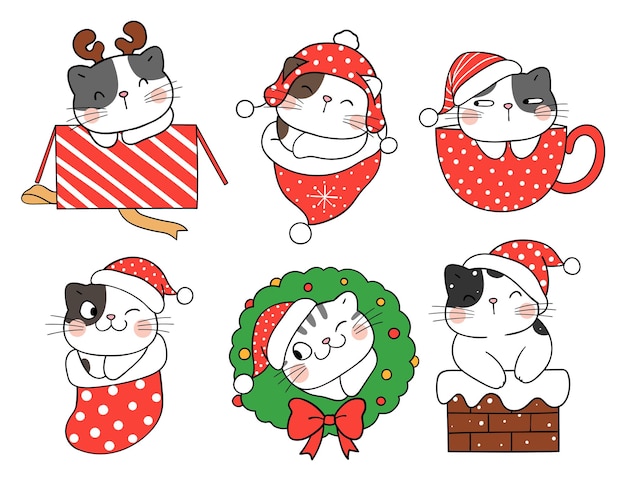 クリスマスと新年のコレクションかわいい猫を描く