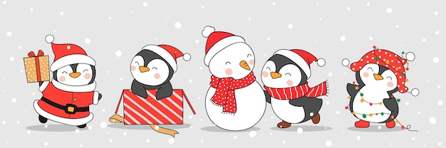 Premium Vector Draw Cute Penguin And Snowman In Winter For Christmas Premium Vector Draw Cute Penguin And Snowman In Winter For Christmas