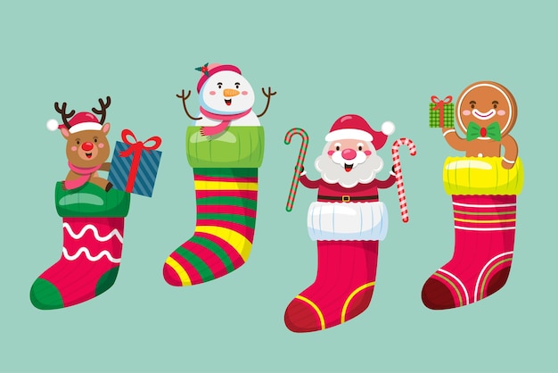 Draw vector character cute Christmas socks and stuffed inside. santa claus, reindeer, snowman, gingerbread design element for invitation card, party, New Year, Christmas, web, cards and publications