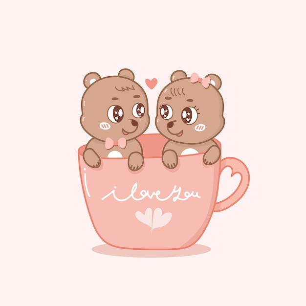 Draw vector illustration character couple love of cat in cup of tea.Isolate on white So sweet.Doodle cartoon style.