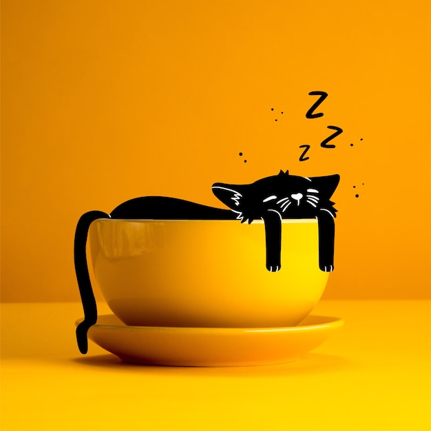 Free vector drawing of a cat sleeping in a cup