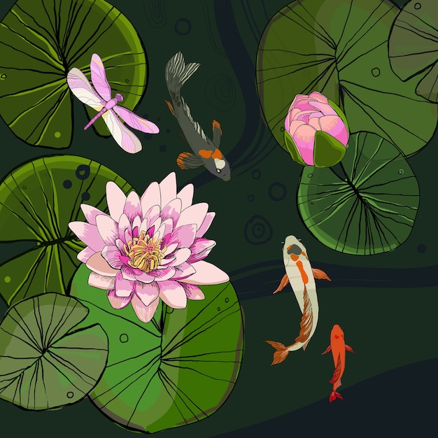 Free vector drawing decorative pond template with lotus flower bud leaves fishes and dragonfly