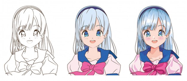 若い男アニメスタイルキャラクターベクトルイラストデザインの描画プロセス プレミアムベクター