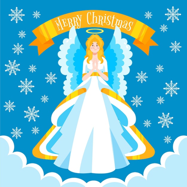 Бесплатное векторное изображение Нарисованный ангел с текстом счастливого рождества