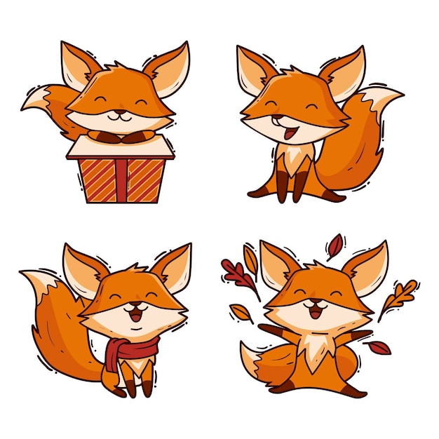 Drawn cartoon fox set