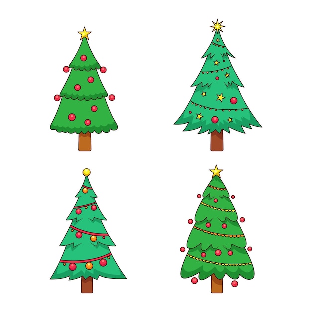 Alberi di natale disegnati con confezione di ornamenti