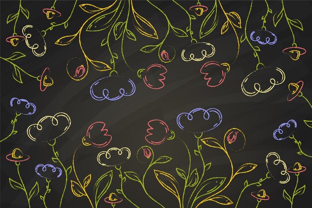 Drawn colorful flowers on blackboard wallpaper