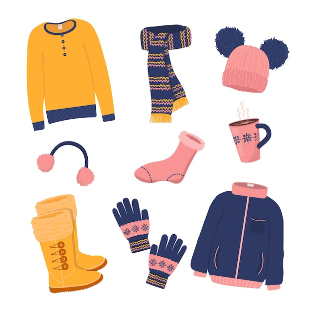 Free vector drawn cozy winter clothes and essentials pack