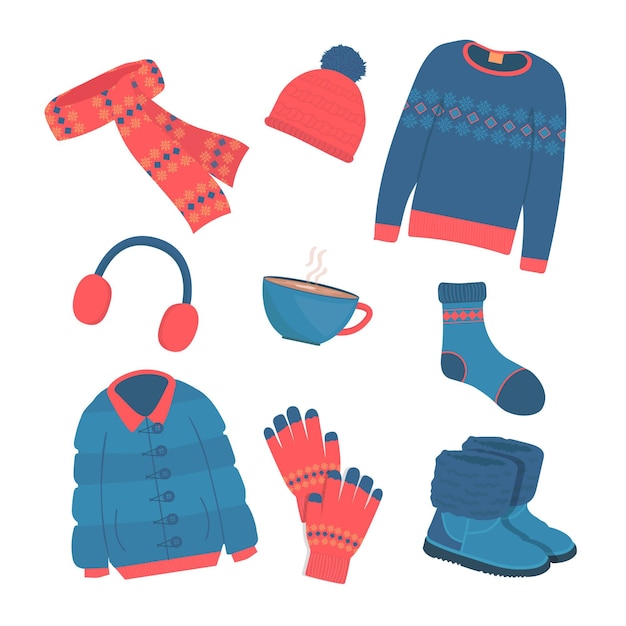 Drawn cozy winter clothes and essentials set
