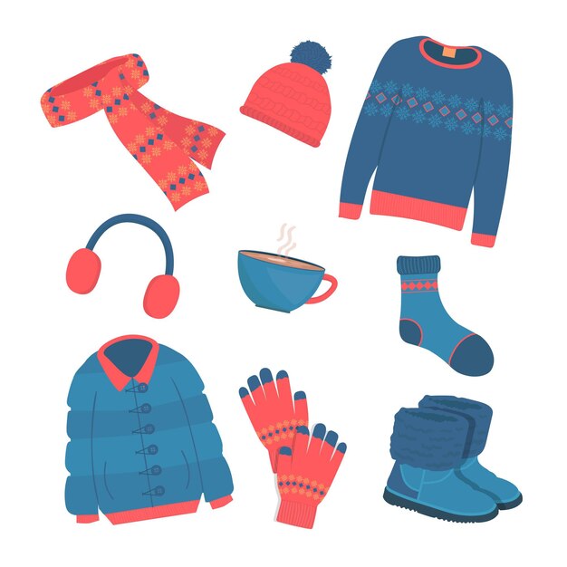 Нарисованный уютный зимний комплект одежды и предметов первой необходимости