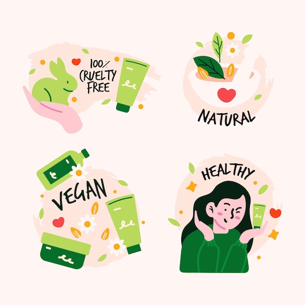 Vettore gratuito set di distintivi vegani e cruelty free disegnati