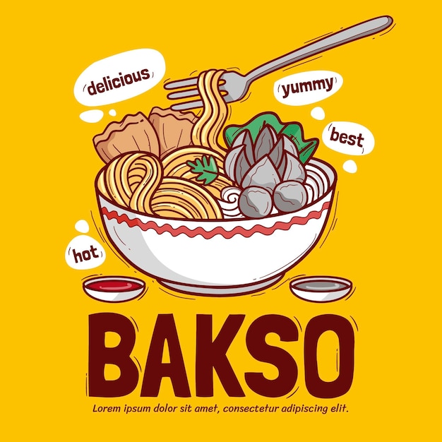 Drawn delicious bakso in a bowl