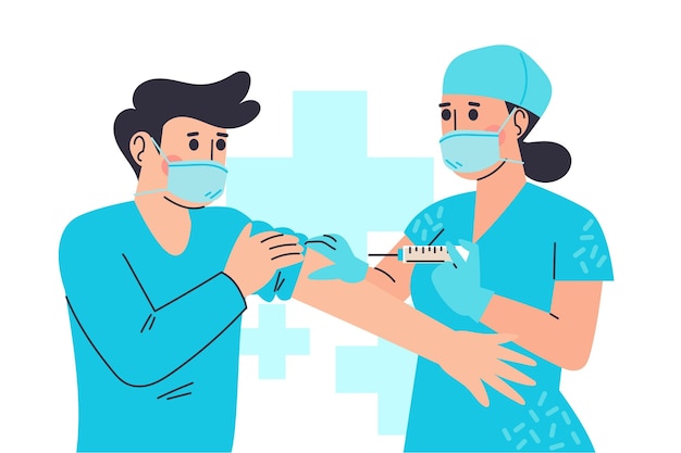 Free vector drawn doctor injecting vaccine to a patient