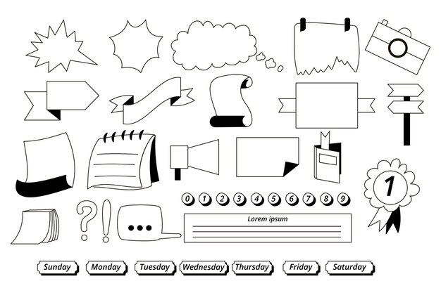 Drawn elements for bullet journals set