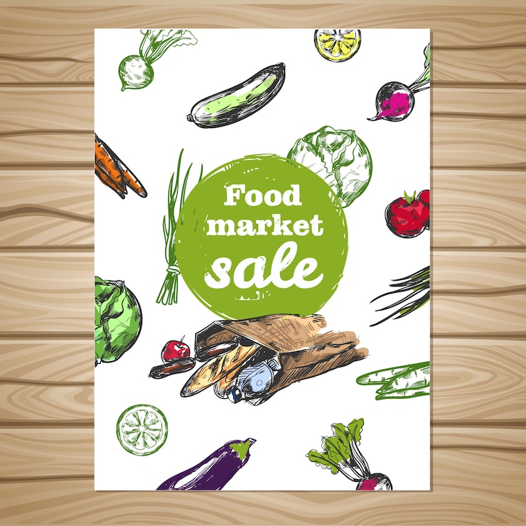 Free Vector drawn food market sale flyer