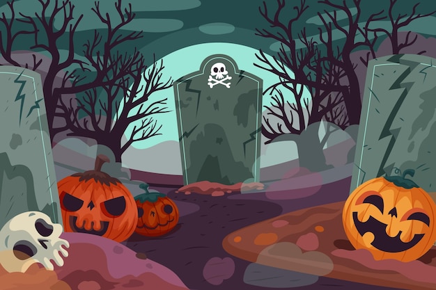 Free vector drawn halloween background with scary cemetery