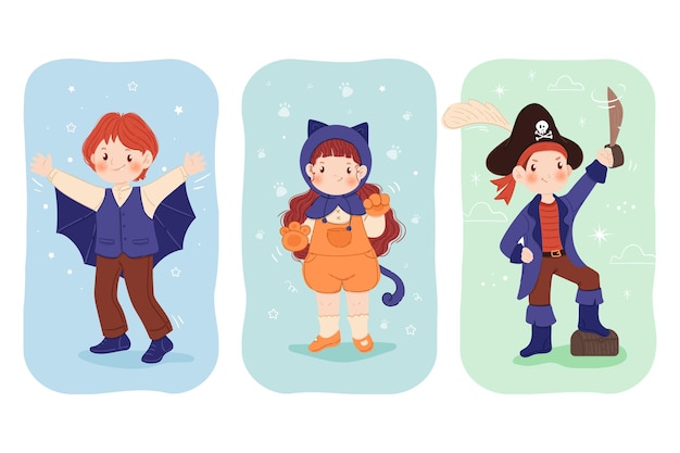 Drawn halloween kids in costumes set