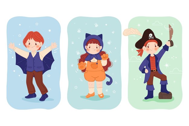 Drawn halloween kids in costumes set