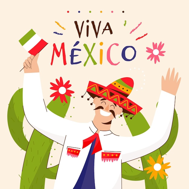 Drawn illustrator with man celebrating independence day of mexico
