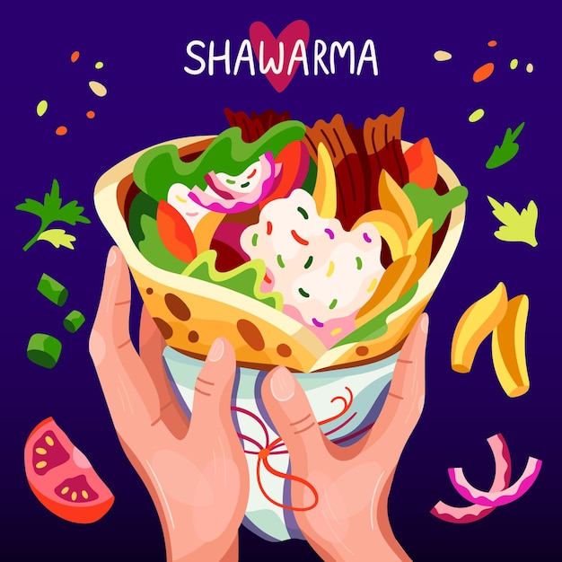 描かれた栄養価の高いシャワルマのイラスト