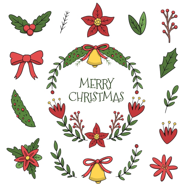 Free vector drawn pack of christmas flowers and wreaths