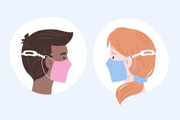 Free vector drawn people wearing an adjustable medical mask strap