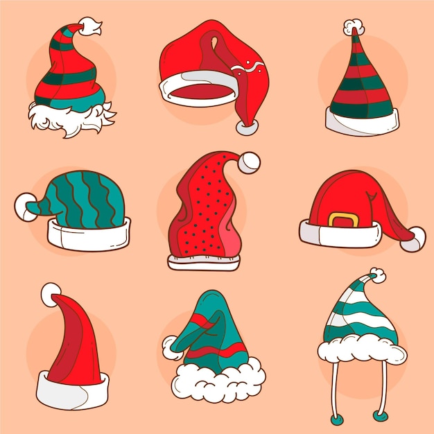 Collezione di cappelli di babbo natale disegnati