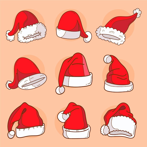 Vettore gratuito set cappello di babbo natale disegnato