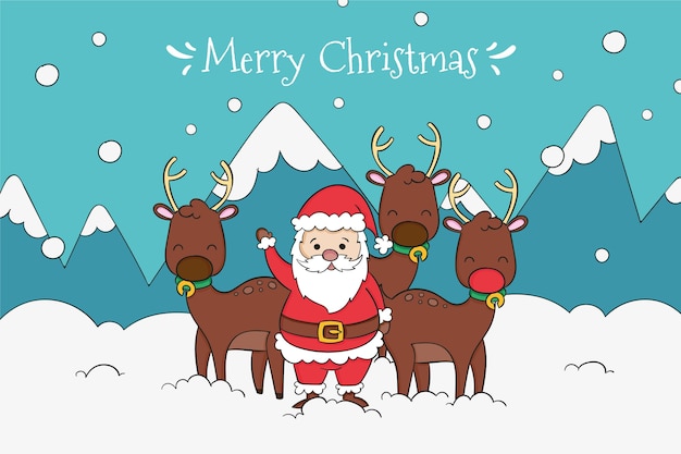 Free vector drawn santa with his reindeer background