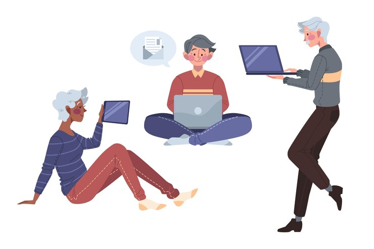 Free Vector drawn seniors using technology