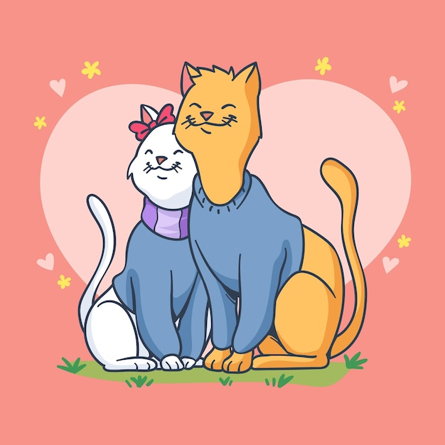 Бесплатное векторное изображение Нарисованная пара кошек на день святого валентина