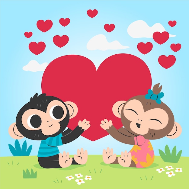 Free vector drawn valentine's day monkeys couple