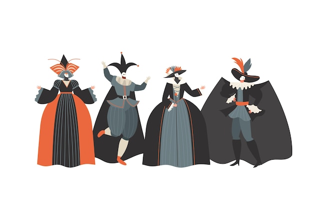 Бесплатное векторное изображение Коллекция нарисованных персонажей венецианского карнавала